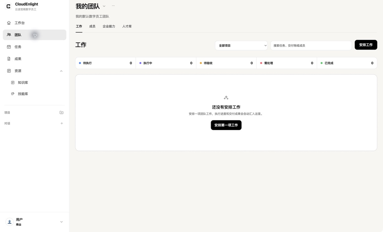 CloudEnlight 数字员工团队界面
